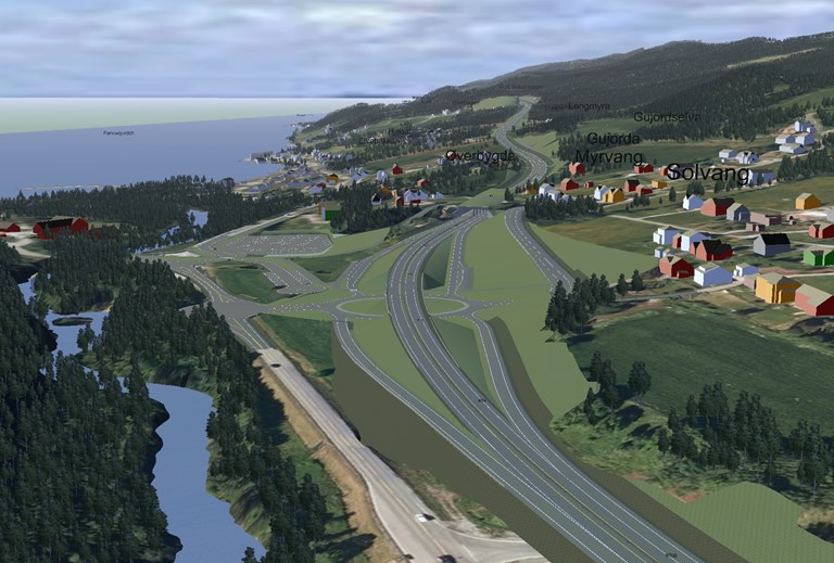 Den nye vegen sett fra krysset på Hjelset. Nye E39 Lønset-Hjelset skal bygges som en tofeltsvei med midtrekkverk og forbikjøringsfelt, og får en fartsgrense på 90 km/t.