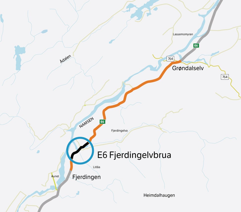 Kartet viser dagens E6 Fjerdingen-Grøndalselv (i oransje) og delparsellen E6 Fjerdingelvbrua.