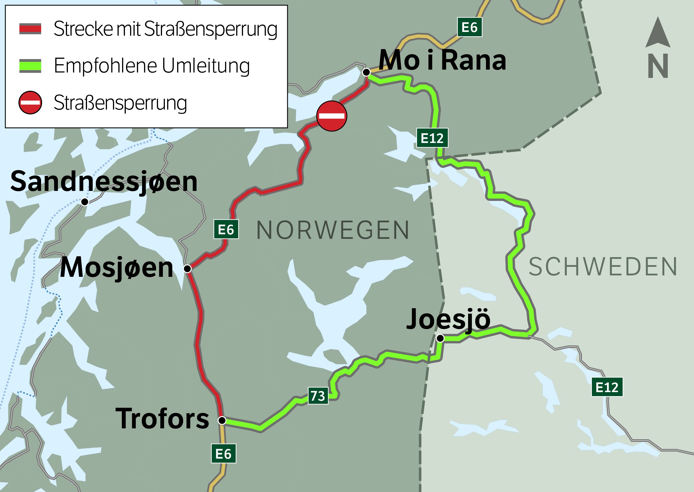 Empfohlene Umleitung ist E12 / Rv 73 zwischen Mo i Rana und Trofors durch Schweden.