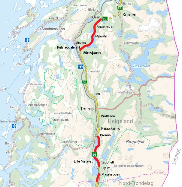 Kart delstrekninger Helgeland sør