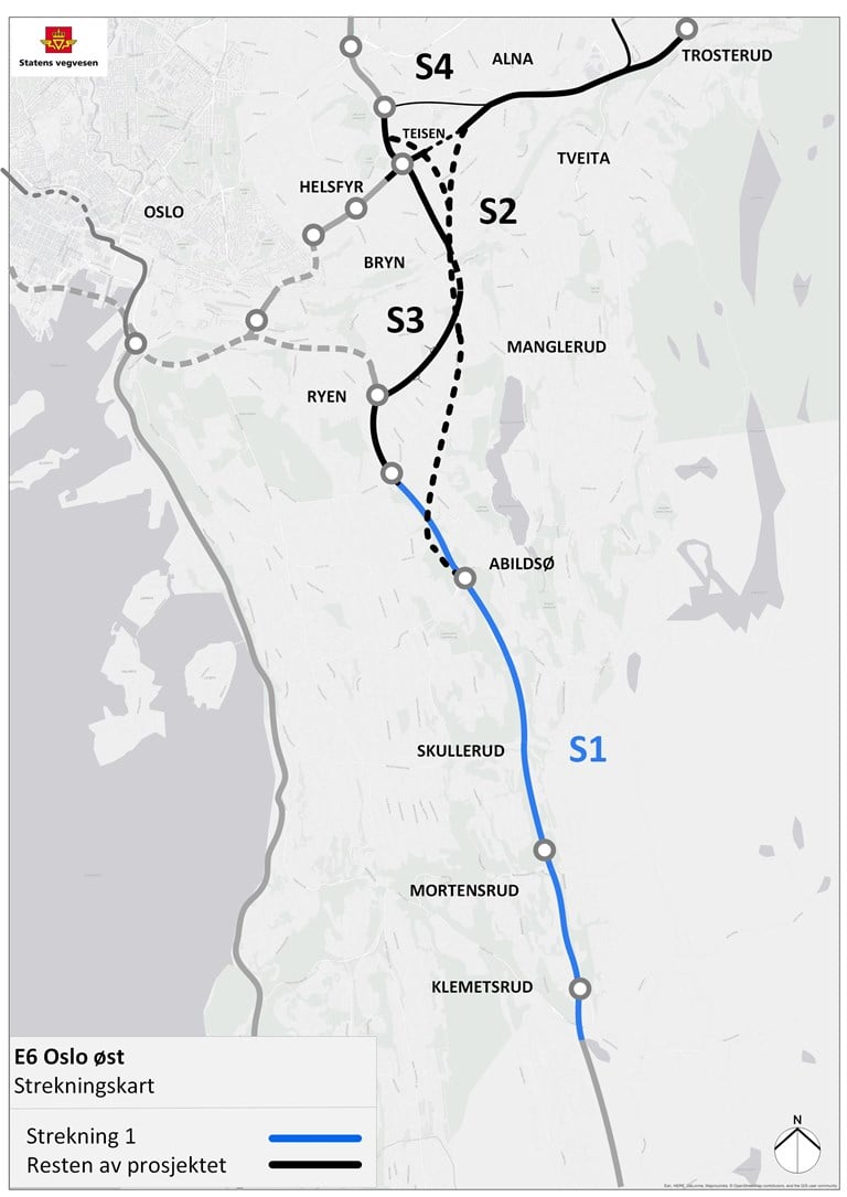 Kart med fokus på strekning 1 E6 Oslo Øst