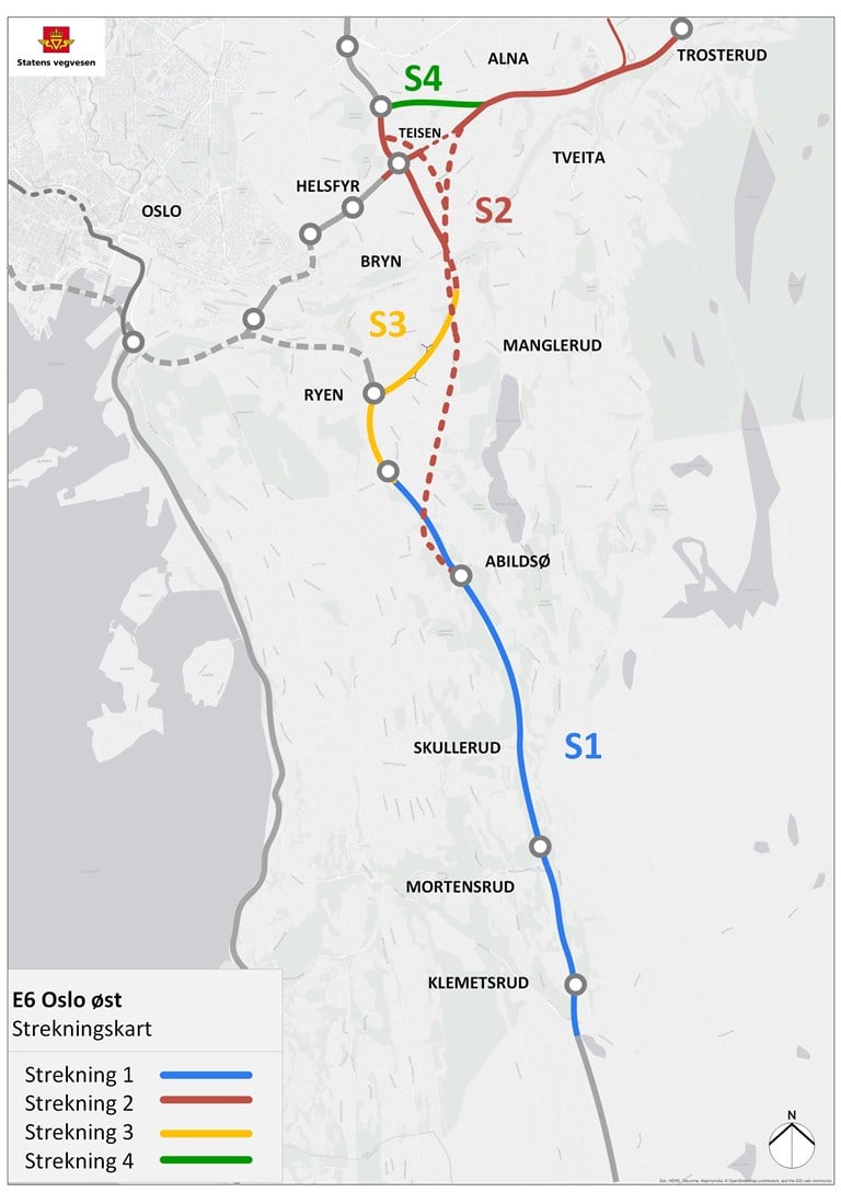 Oversiktskart over strekningene i E6 Oslo Øst