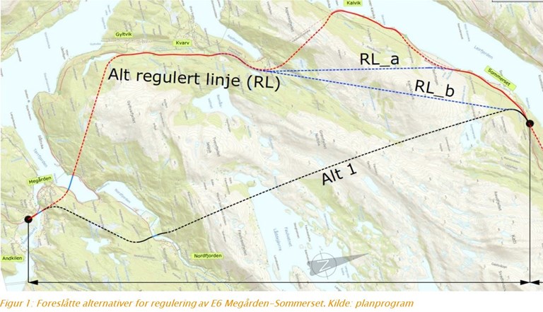 Etter en helhetsvurdering tas den østlige veglinjen (Alt 1.) ut av det videre planarbeidet. Illustrasjon: Statens vegvesen.