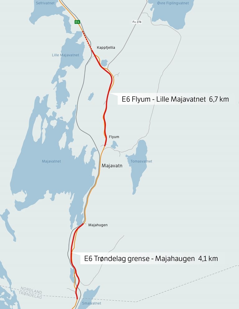Illustrasjonskart, strekningene E6 Trøndelag grense–Lille Majavatn