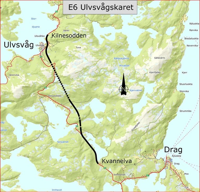 Kart som viser traseen for ny E6 fra Kvannelva til Kilnesodden med tunnel under Ulvsvågskaret. Illustrasjon.