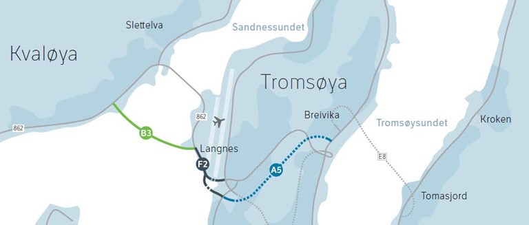 Vedtatt trasé for en forbindelse mellom Breivika og Langnes og for ny Kvaløyforbindelse.