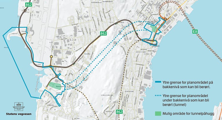 Kart over planområdet for en tunnel- og vegforbindelse mellom Breivika og Langnes, på riksveg 862 i Tromsø. 