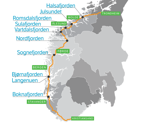 Fjordene langs E39. Kart.
