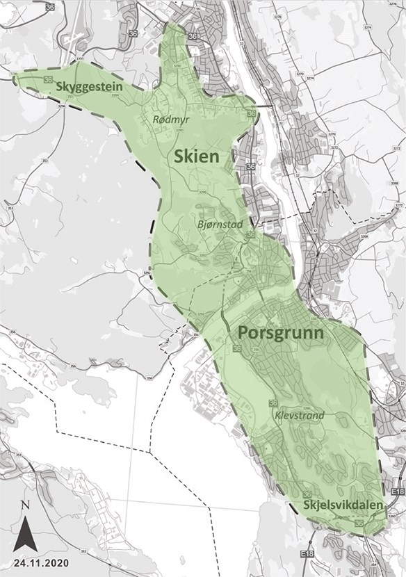 Kart over planområdet riksveg 36 Skjelsvikdalen-Skyggestein. Illustrasjon: Statens vegvesen