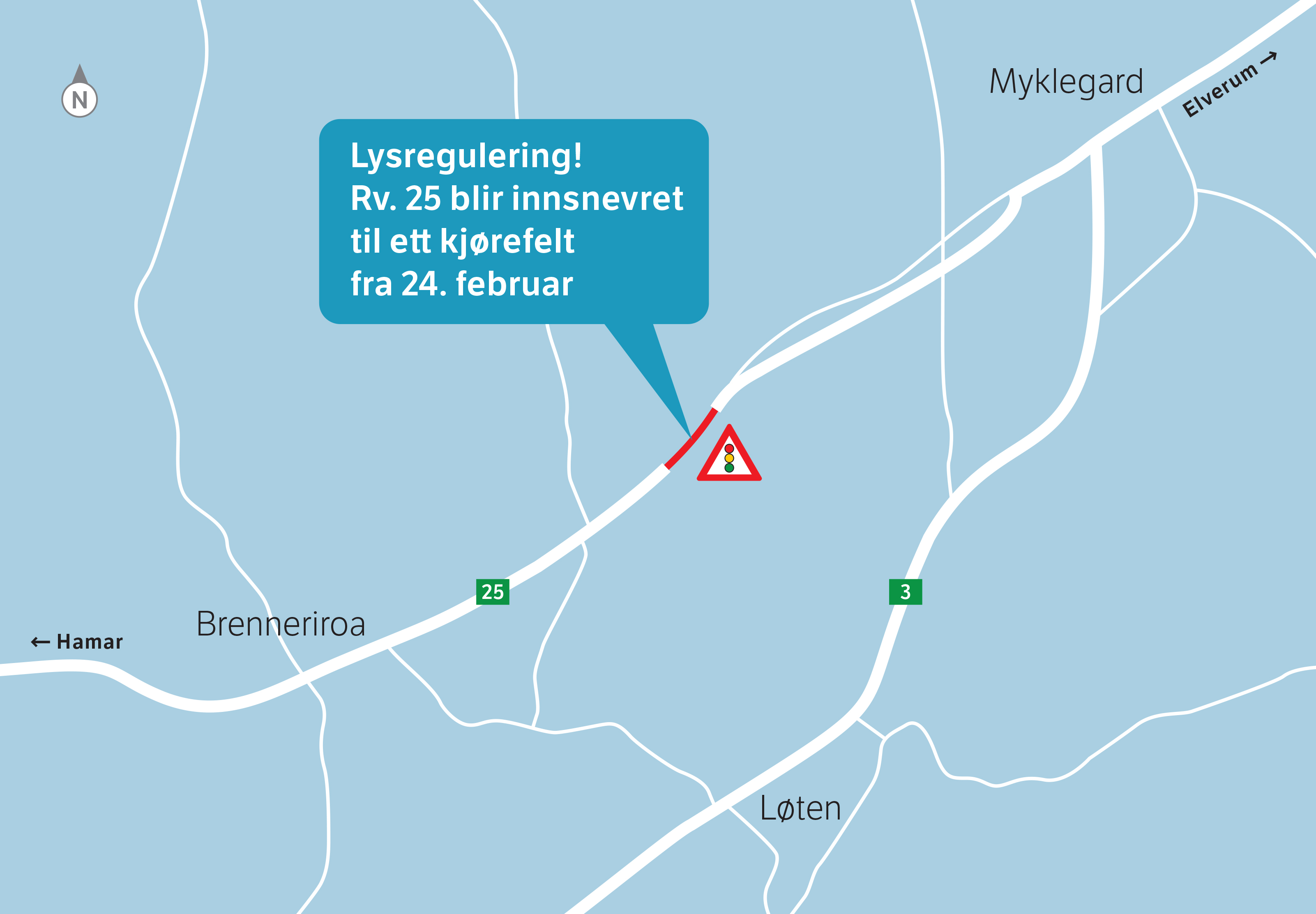 Enveiskjøring og lysregulering på rv. 25 ved Grøholt