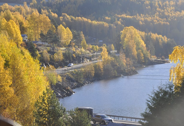 sjø, veg og jernbane på rekke og ras langs rv 7 gjennom Gulsvik i Flå