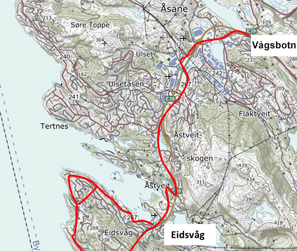 Oversiktskart Sykkelstamveg Bergen, delstrekning 8. Eidsvåg–Vågsbotn. 