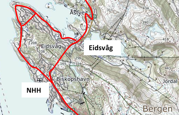 Oversiktskart over Sykkelstamveg Bergen, delstrekning 7. NHH (Norges Handelshøyskole)–Eidsvåg.