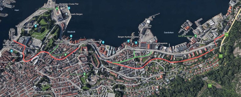 Kartet viser forslag til alternativ sykkelrute Amalie Skrams vei via Ekregaten, Nye Sandviksvei videre til sentrum.