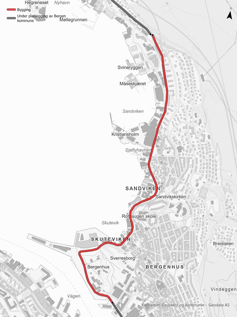 Kartet viser desltrekning 6b og c på Sykkelstamvegen i Bergen som nå skal byggges ut. Strekningen går fra Bradbenken via Sandvikstorget til Glass Knag.