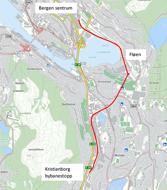 Oversiktskart Sykkelstamveg Bergen delstrekning 5 Kristianborg–Bergen sentrum. Illustrasjon: Statens vegvesen