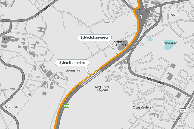Gul linje viser Sykkelstamvegen ved- og gjennom Auglendshøyden i Stavanger.