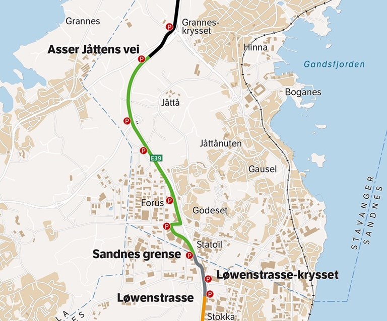 kart som viser byggetrinn 1 av sykkelstamvegen, Asser Jåttens vei til Sandnes grense