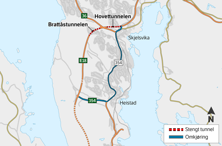 Omkjøringskart for TOG i Porsgrunn