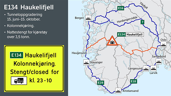 Skilt Stengte tunneler E134 Haukelifjell_