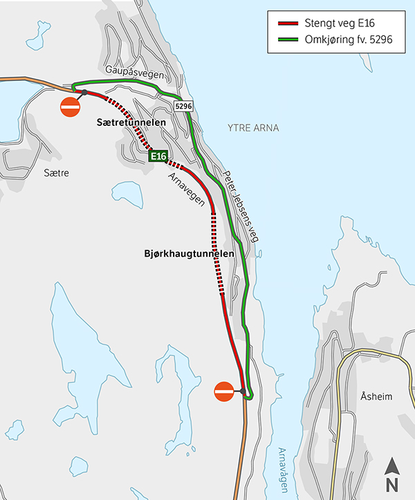 Kart E16 tunneloppgradering Bjørkhaug og Sætretunnelen