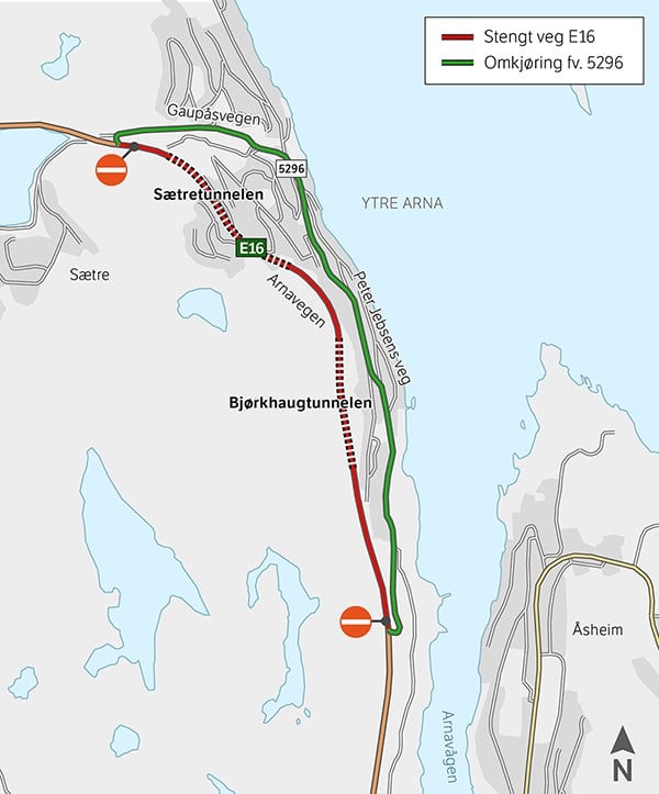 Kart E16 tunneloppgradering Bjørkhaug og Sætretunnelen. 